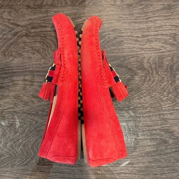 Tory Burch. Red Suede Loafers with dark blue.Gold metal Accent . Authentic - Picture 7 of 12